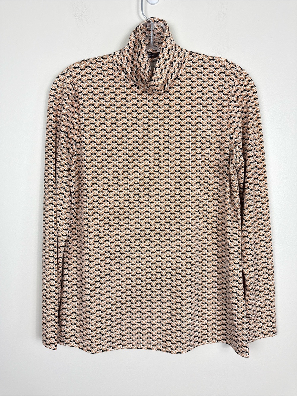 J Mclaughlin Turtleneck Top Womens Small Orange Black Brown Geometric Stretch